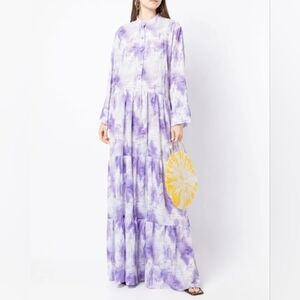 Bambah Gardenia Purple White Tie Dye Pattern Chiffon Long Sleeve Maxi Dress OS
